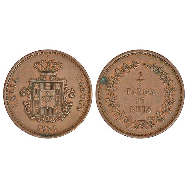 Portuguese India, D. Luiz I (1861-1889 AD), colonial coinage, machine struck, copper ¼ tanga (15 rei