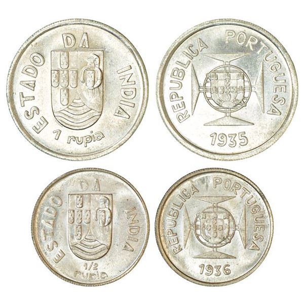 Portuguese Administration, silver coins (2), 1x rupia, 1935, KM 22, 11.56g and 1x ½ rupia, 1936,