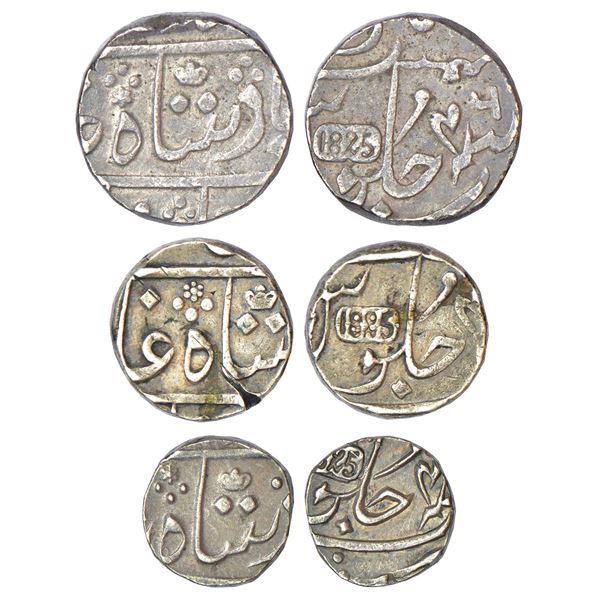 Bombay Presidency, Surat mint (off flan), set of 3 silver coins, 1825 AD, rupee, 11.64g, privy mark