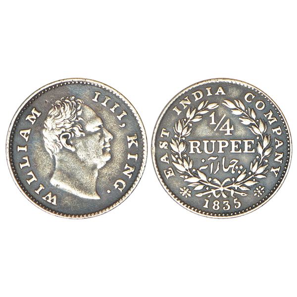 British India: William IV, silver ¼ rupee, 1835, Calcutta mint, 'F' incused, wreath with 19 berries