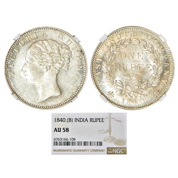 British India: Victoria Queen, continuous legend, silver rupee, 1840, Bombay mint, English head,