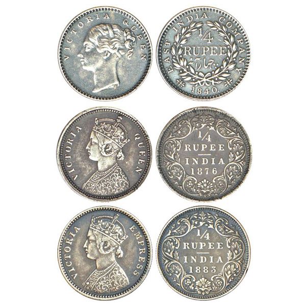 British India: Victoria Queen/Empress, silver ¼ rupee (3), Bombay mint, 1840, continuous legend,