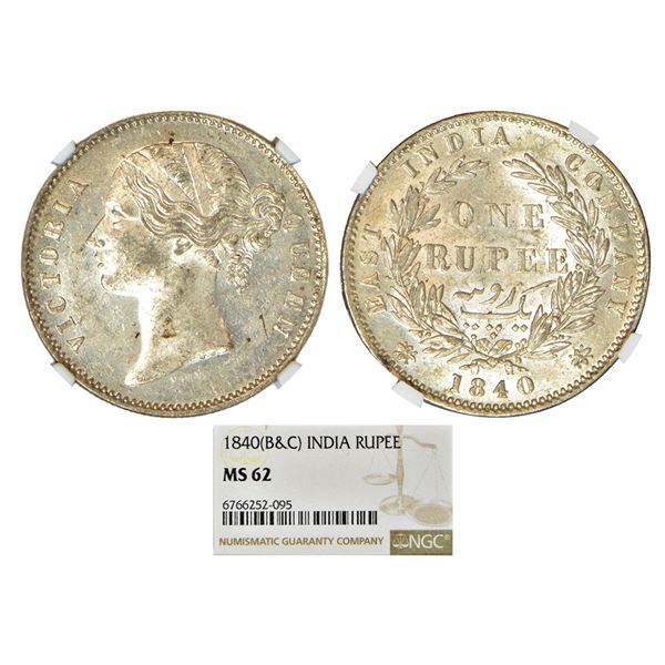 British India: Victoria Queen, divided legend, silver rupee, 1840, Calcutta/Bombay mint, W.W. raised