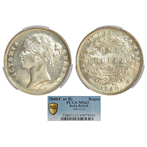 British India: Victoria Queen, divided legend, silver rupee, 1840, Calcutta/Bombay mint, W.W. raised