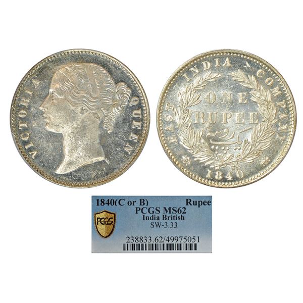 British India: Victoria Queen, divided legend, silver rupee, 1840, Calcutta/Bombay mint, W.W. raised