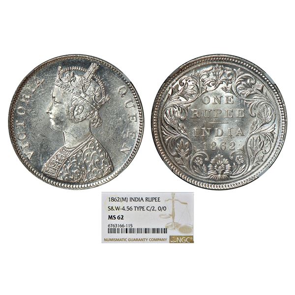 British India: Victoria Queen, silver rupee, 1862, Madras mint, elongated pearls on both arches of
