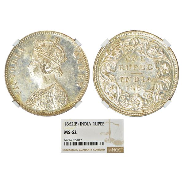 British India: Victoria Queen, silver rupee, 1862, Bombay mint, A/II/0/6, without initial J, PR 86;