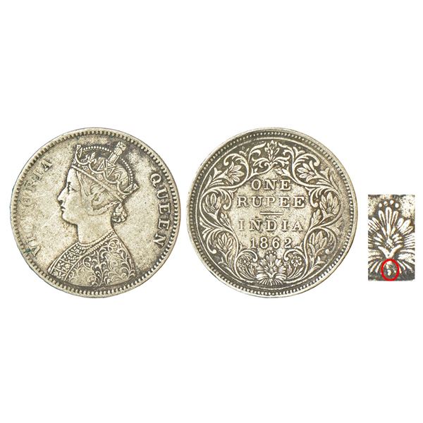 British India: Victoria Queen, silver rupee, 1862, Bombay mint, A/II/0/4/1, bottom dot below the bot