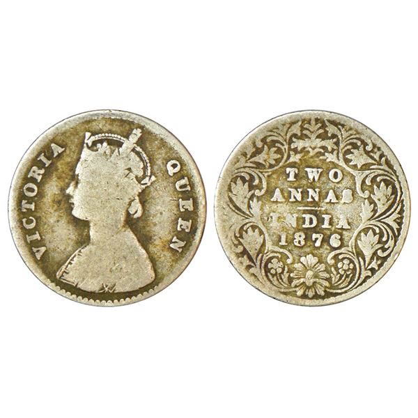 British India: Victoria Queen, silver 2 annas, 1876, Calcutta mint, A/I/no mm, PR 490; GK 745.