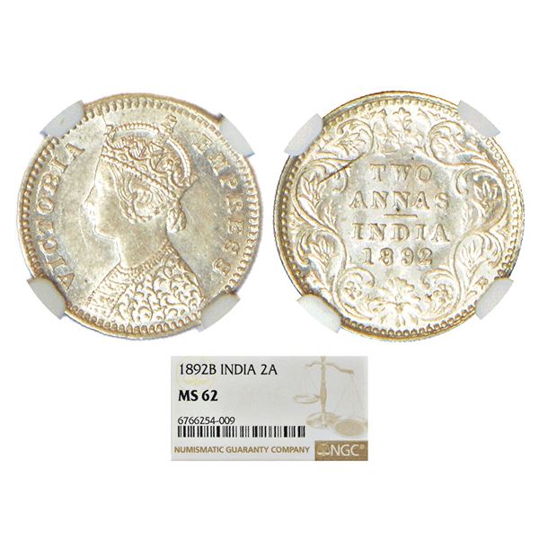 British India: Victoria Empress, silver 2 annas, 1892, Bombay mint, B/II/'B' incused, PR 547; GK 792