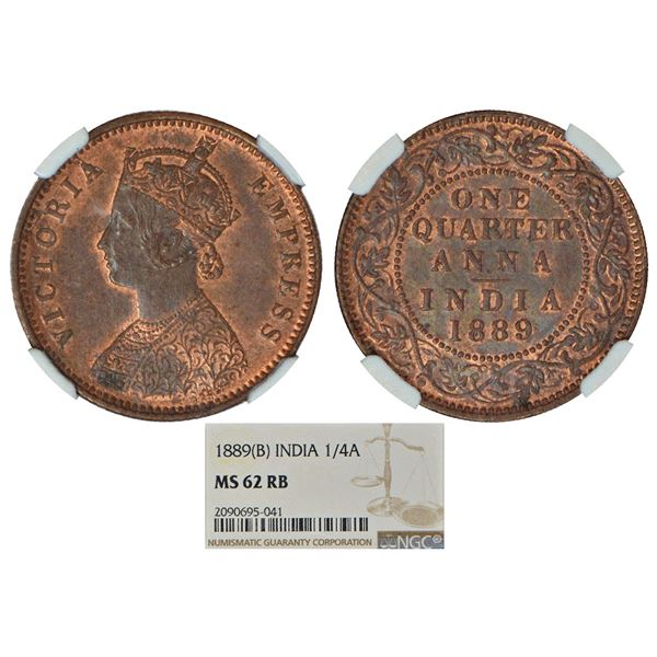 British India: Victoria Empress, copper ¼ anna, 1889, Bombay mint, B/I/no mint mark, PR 644, GK 847.