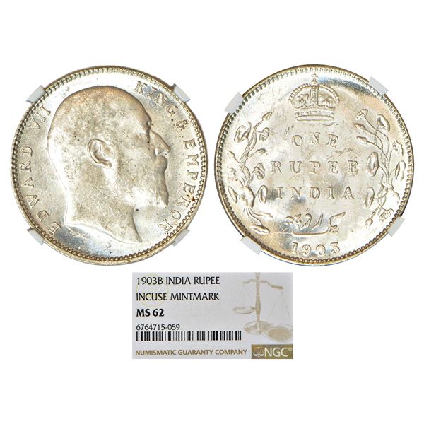 British India: Edward VII, silver rupee, 1903, Bombay mint, 'B' incused and dot, PR 199; GK 926.