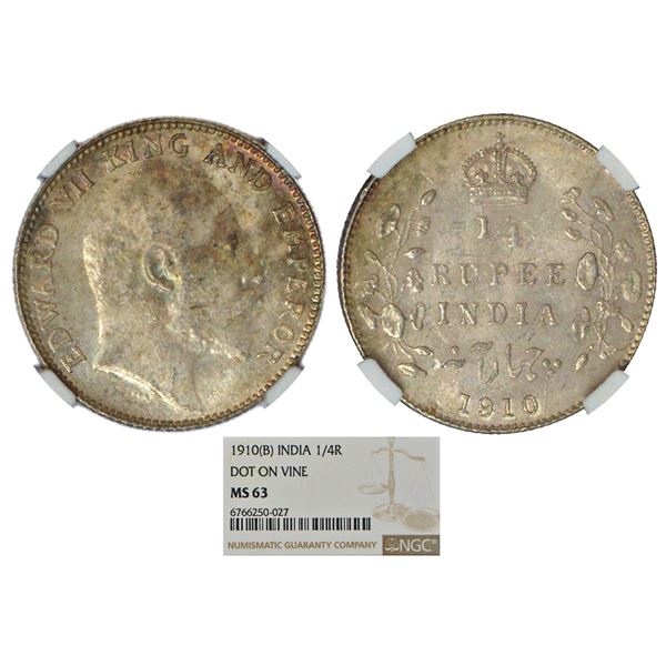 British India: Edward VII, silver ¼ rupee, 1910, Bombay mint, dot on vine/stem, unlisted in PR;