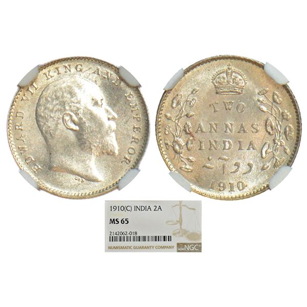 British India: Edward VII, silver 2 annas, 1910, Calcutta mint, no mm, PR 563; GK 987.