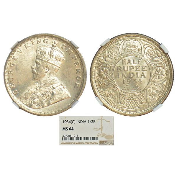 British India: George V, silver ½ rupee, 1934, Calcutta mint, no dot, PR 334; GK 1074.