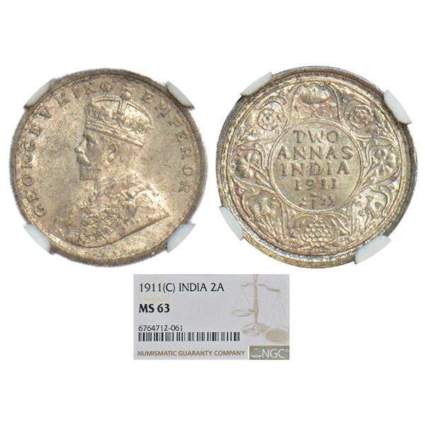 British India: George V, silver 2 annas, 1911, Calcutta mint, no dot, pig type, PR 564; GK 1107.