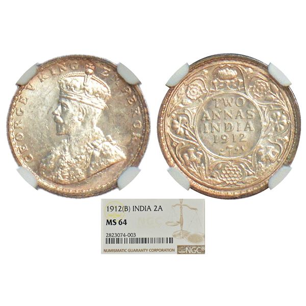 British India: George V, silver 2 annas, 1912, Bombay mint, dot, elephant type, PR 571; GK 1109.