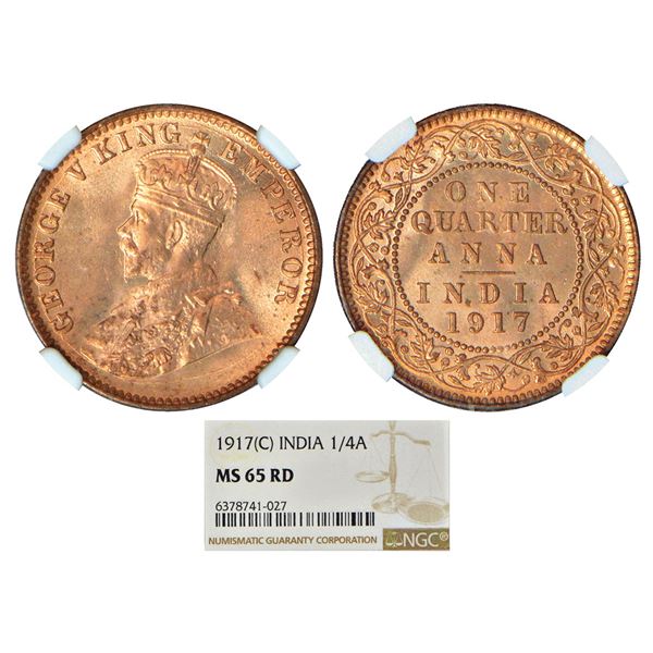 British India: George V, bronze ¼ anna, 1917, Calcutta mint, no dot, PR 662; GK 1176.