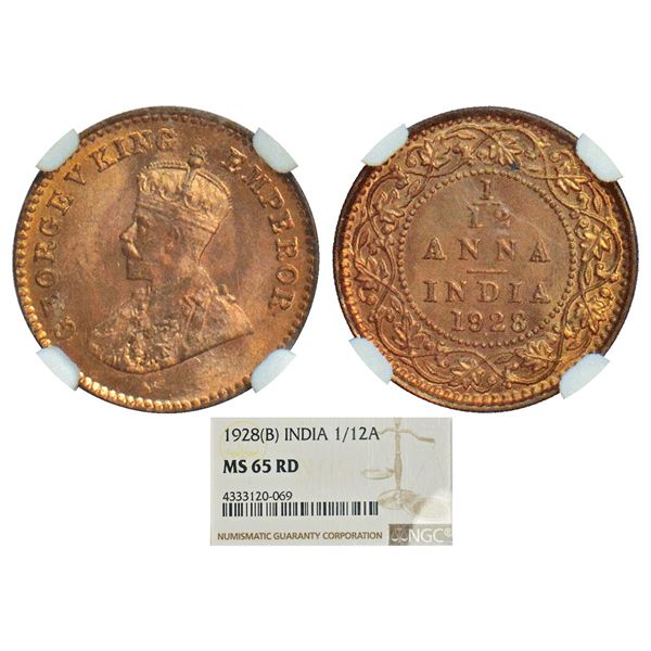 British India: George V, bronze 1/12 anna, 1928, Bombay mint, dot, PR 856; GK 1243.
