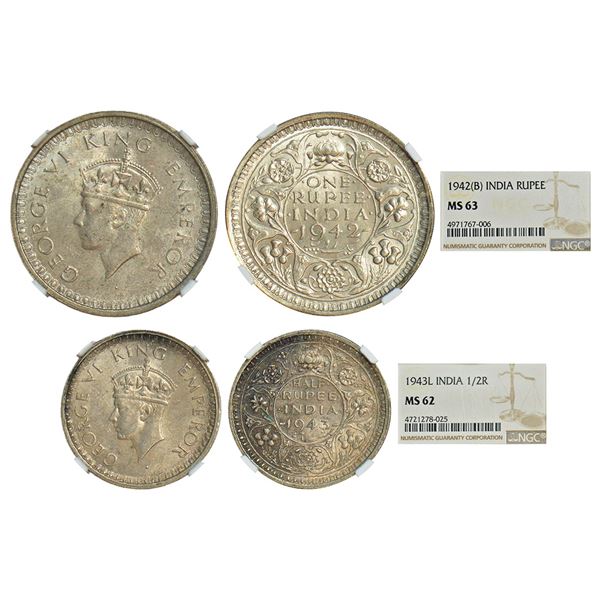 British India: George VI, half silver coins (2), 1x rupee, 1942, Bombay mint, B(a)/II/diamond, GK 12