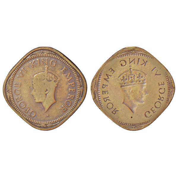 British India: George VI, nickel-brass 2 annas, head type II, obverse part brockage (Lakhi) on rever
