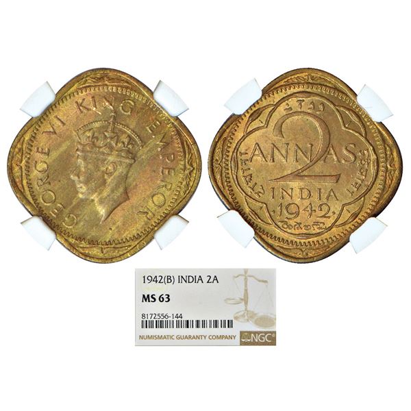 British India: George VI, nickel-brass 2 annas, 1942 (large 4), Bombay mint, head type II, PR 918;