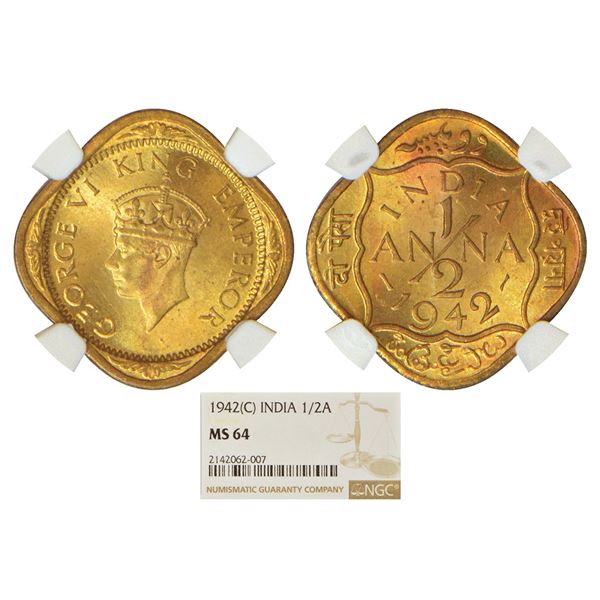 British India: George VI, nickel-brass ½ anna, 1942, Bombay mint, PR 990; GK 1404.