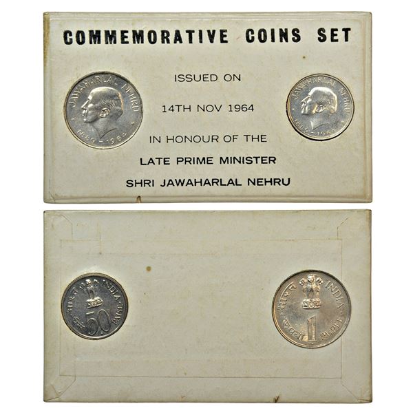 Republic India: 1964, Jawaharlal Nehru, UNC set of 2 coins, 1 rupee and 50 paise (English),