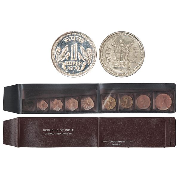 Republic India: 1970, Strip Packing, UNC set of 8 coins, 1 rupee, 50 paise, 20 paise, 5 paise,