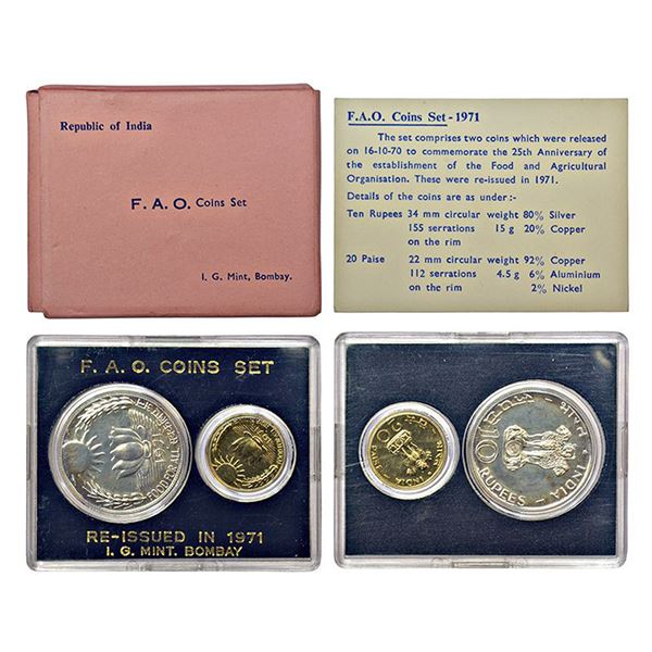 Republic India: 1971, Food for All, UNC set of 2 coins, 10 rupees and 20 paise, Bombay mint, RB 29,