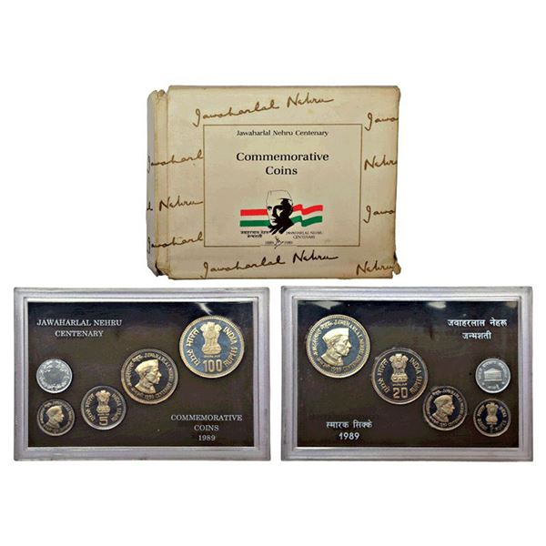 Republic India: 1989, Jawaharlal Nehru birth centenary, UNC set of 4 coins, 100 rupees, 20 rupees,