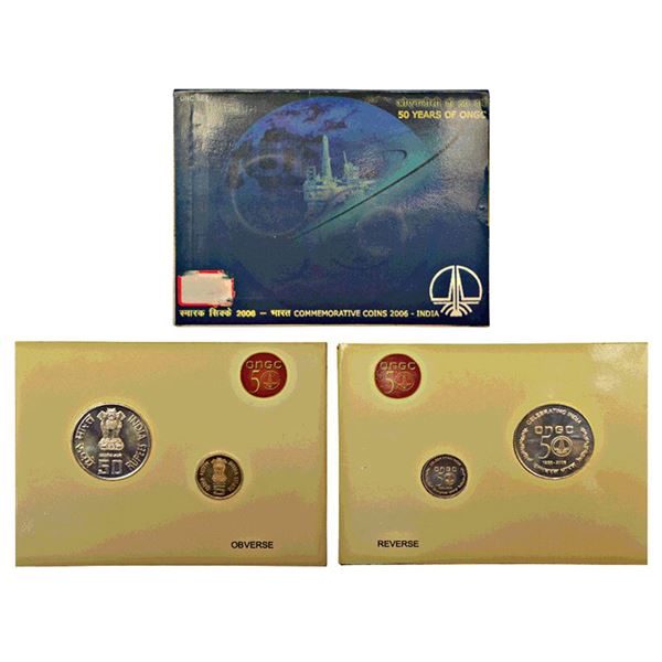 Republic India: 2006, 50 Years of ONGC, UNC set of 2 coins, 50 rupees and 5 rupees, Kolkata mint,