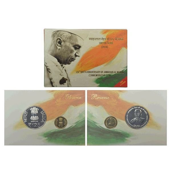 Republic India: 2014, 125th Birth Anniversary of Jawaharlal Nehru, UNC set of 2 coins, 125 rupees an