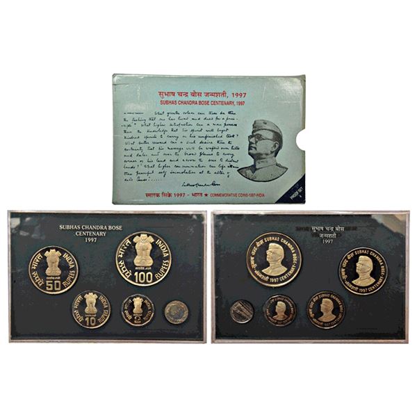 Republic India: 1997, Netaji Subhas Chandra Bose, Proof set of 4 coins, 100 rupees, 50 rupees,