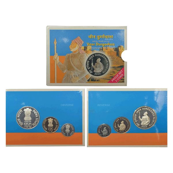 Republic India: 2003, Veer Durgadas, Proof set of 3 coins, 100 rupees, 10 rupees and 1 rupee,