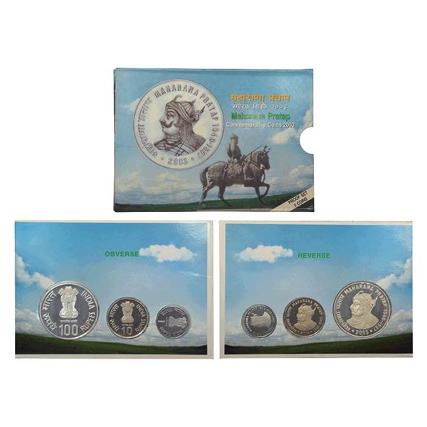 Republic India: 2003, Maharana Pratap, Proof set of 3 coins, 100 rupees, 10 rupees and 1 rupee,