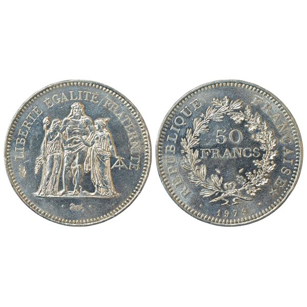 Foreign: France, silver 50 francs, 1979, KM 941.1, 29.90g. Obv: Hercules group.