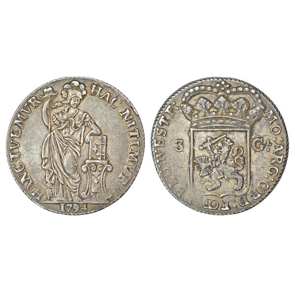 Foreign: Netherlands, West Friesland, silver 3 gulden (60 stuiver), 1794, KM 141.2, 31.16g.