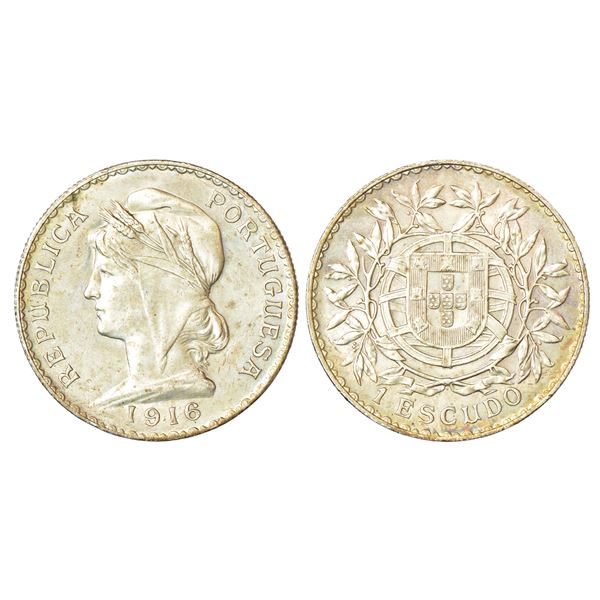 Foreign: Portugal, Republic, silver escudo, 1916, KM 564, 24.95g. Obv: Liberty head left.