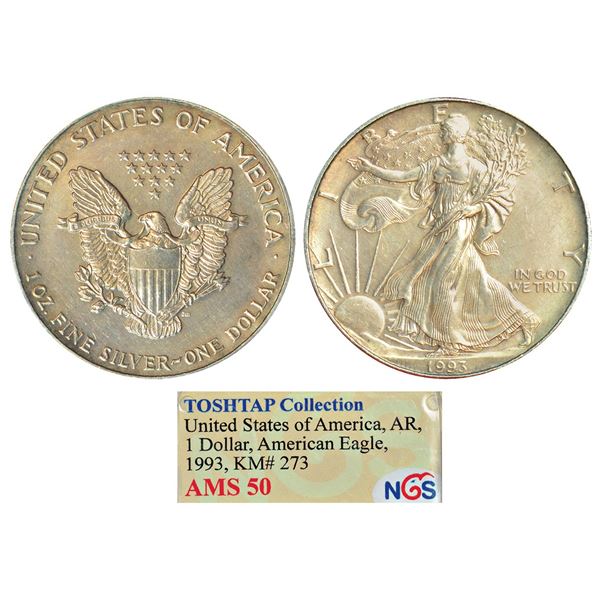 Foreign: United States of America, silver (10z) dollar, 1993, KM 273. Obv: Coat of arms.