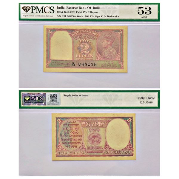 Paper Money: British India, George VI, 2 rupees, ND (1943), signed by C.D. Deshmukh,
