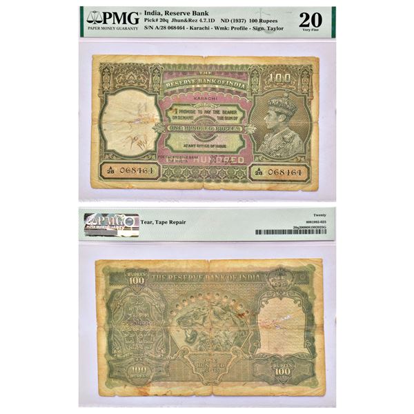 Paper Money: British India, George VI, 100 rupees, ND (1938), Karachi circle, signed by J.B. Taylor,