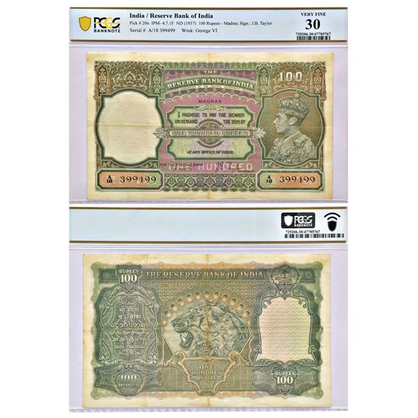 Paper Money: British India, George VI, 100 rupees, ND (1938), Madras circle, signed by J.B. Taylor,