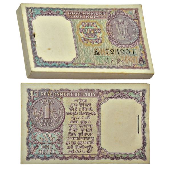 Paper Money: 1 rupee, 1963, full packet of 100 notes, signed by L.K. Jha, inset 'A',