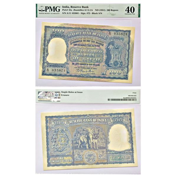 Paper Money: 100 rupees, Elephant series, ND (1951), Bombay circle, signed by B. Rama Rau, incorrect