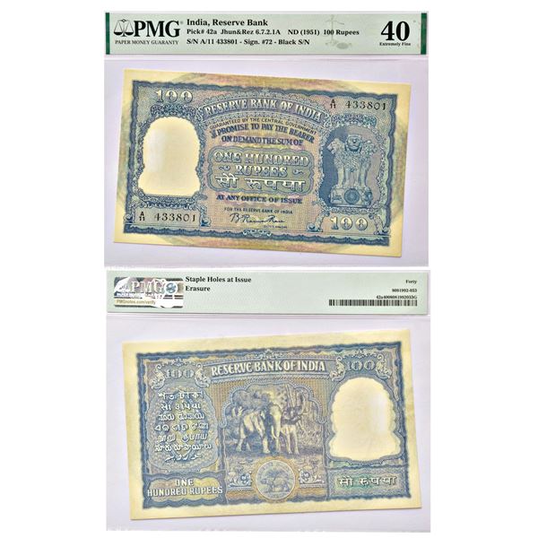 Paper Money: 100 rupees, Elephant series, ND (1951), Bombay circle, signed by B. Rama Rau, incorrect
