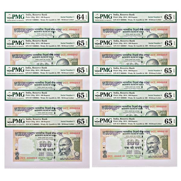 Paper Money: 100 rupees, set of 10 fancy number notes, Gandhi series, 2014, signed by Raghuram
