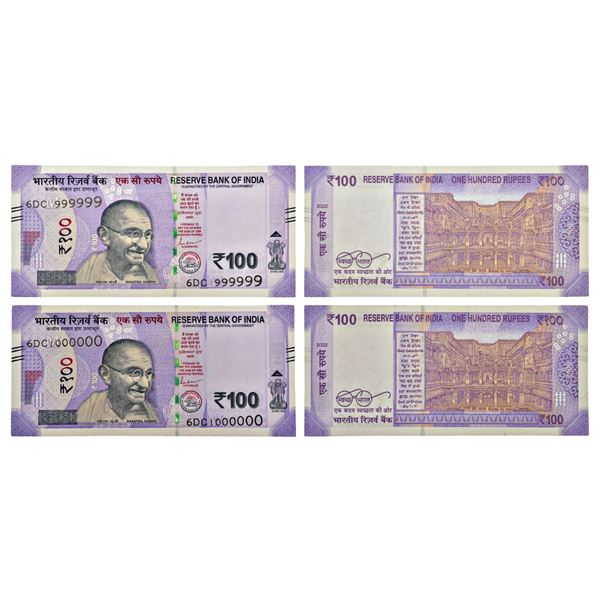 Paper Money: 100 rupees, set of 2 fancy number notes, new Gandhi series, 2022, signed by Shaktikanta