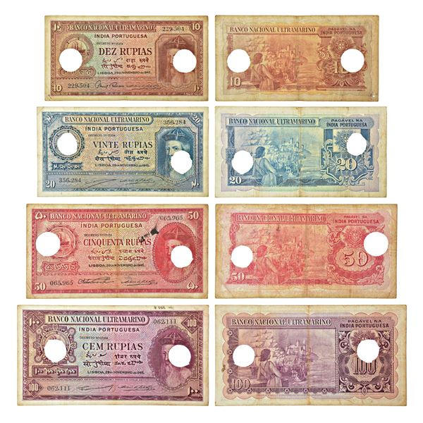Paper Money: Indo-Portuguese Territories, set of 4 rupias with Cancel Holes, 10 rupias, 20 rupias,