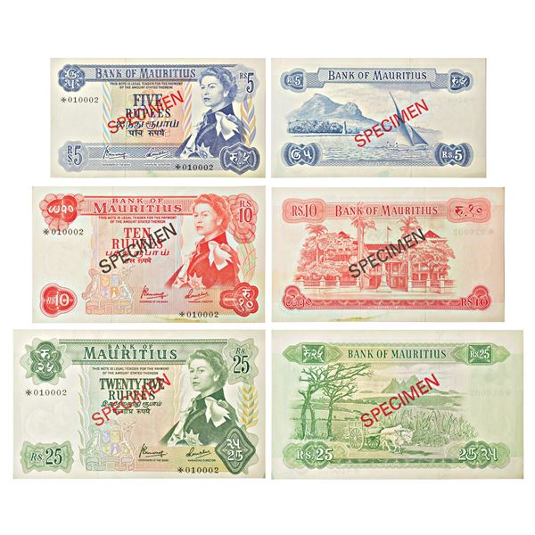 Paper Money: Mauritius, Queen Elizabeth II, set of 3 SPECIMEN notes, 5 rupees, 10 rupees and 25 rupe